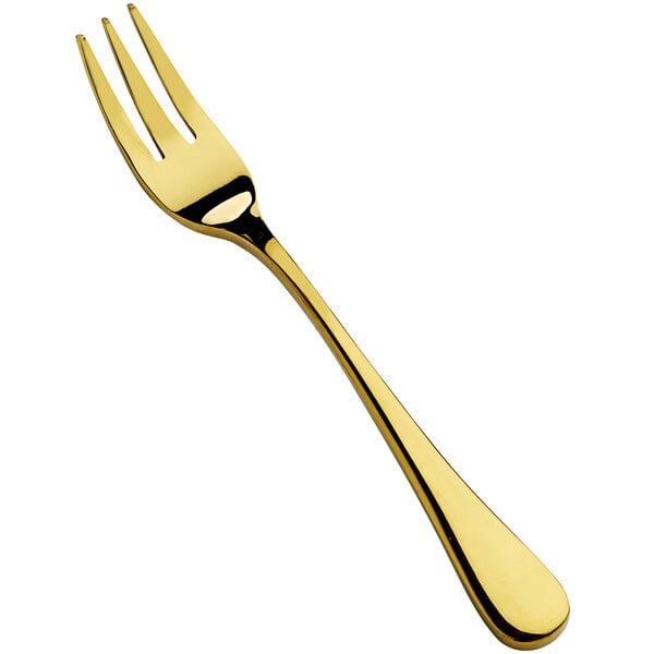 A Bon Chef stainless steel oyster/cocktail fork with a gold handle.