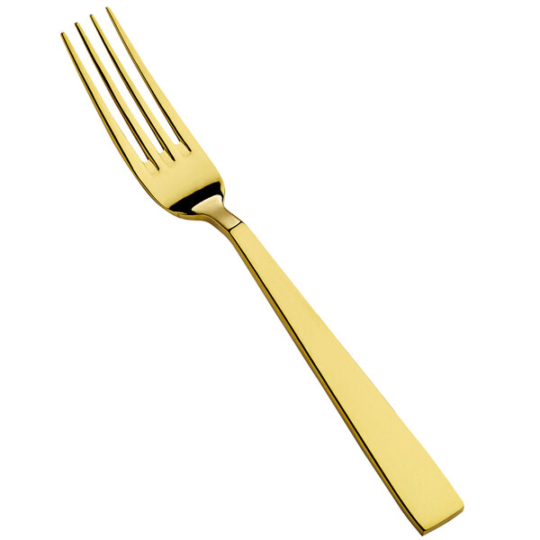 A close up of a Bon Chef stainless steel salad/dessert fork with a gold handle.