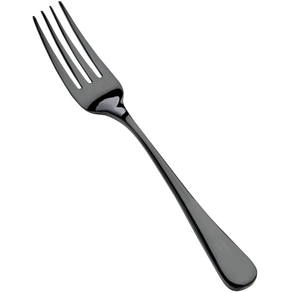 A close-up of a Bon Chef Como 18/10 stainless steel salad/dessert fork with a black handle.