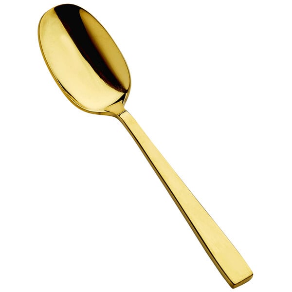 A close-up of a Bon Chef stainless steel soup/dessert spoon with a gold finish.