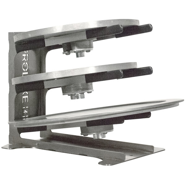 A metal and black Proluxe RMI1 mold platen rack with three shelves.