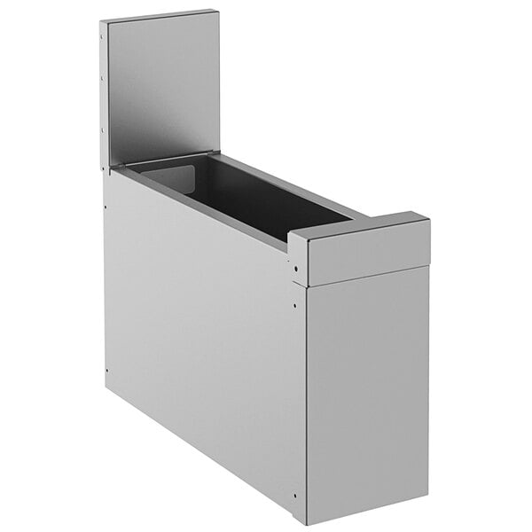 A stainless steel Perlick underbar open storage chest with a lid.