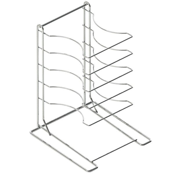 a metal plate rack with six plates