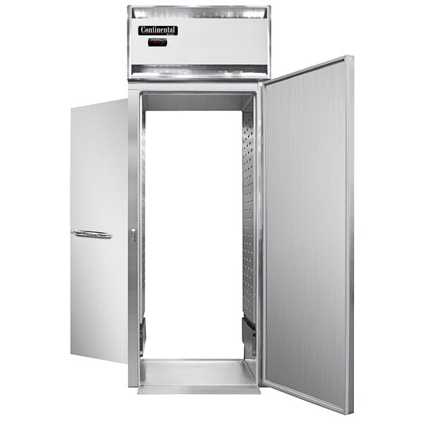 A silver metal door for a Continental Roll-Thru Warmer with a black border.