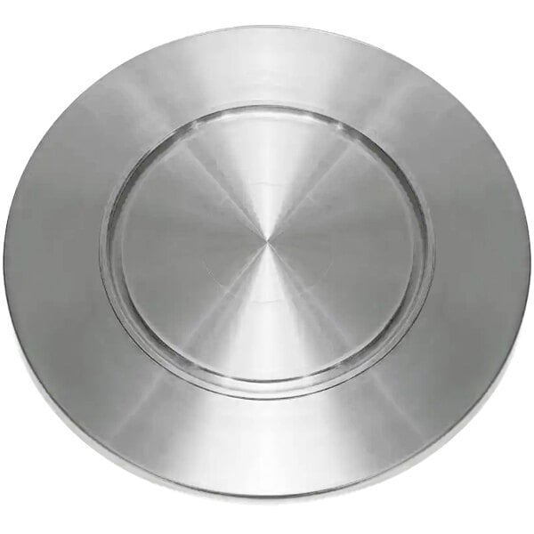 A silver circular stainless steel plate with a circular design.