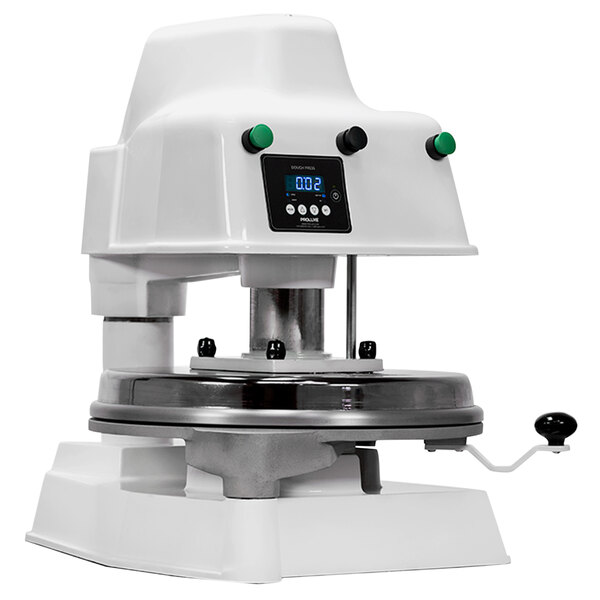 A white Proluxe Impact X1 heavy-duty pizza dough press with a digital display and buttons.