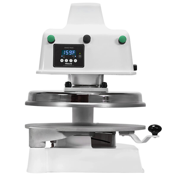 A white Proluxe Impact X1 dough press machine with a digital display.