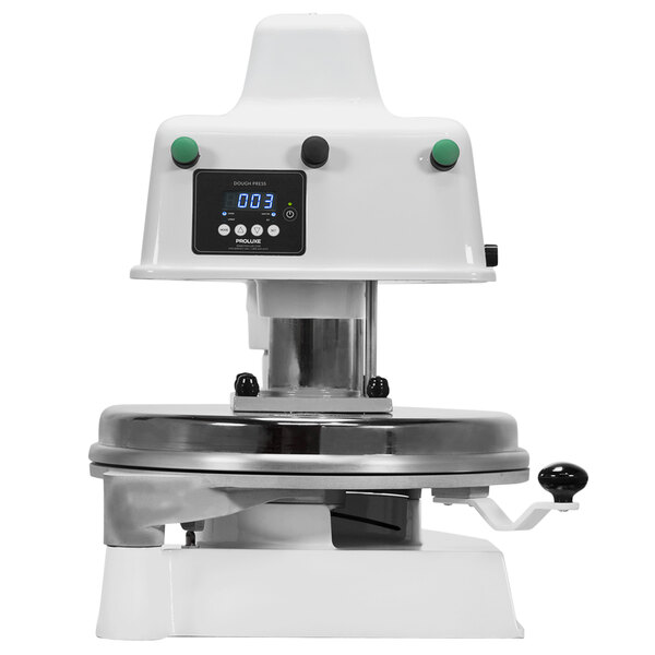 A white Proluxe Impact X1 pizza dough press machine with a screen.