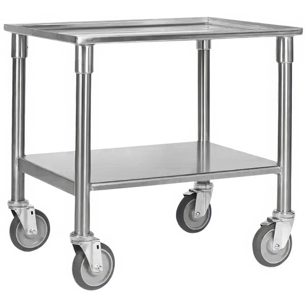 A stainless steel Proluxe utility cart with shelves and wheels.