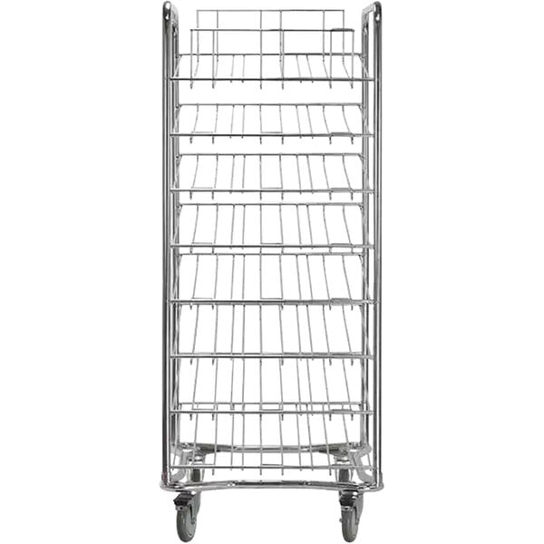 A chrome-plated metal Proluxe dough cart with wheels.