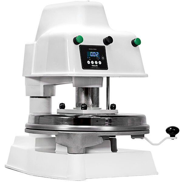 A white Proluxe Apex Pro X2M dough press machine with a digital display.