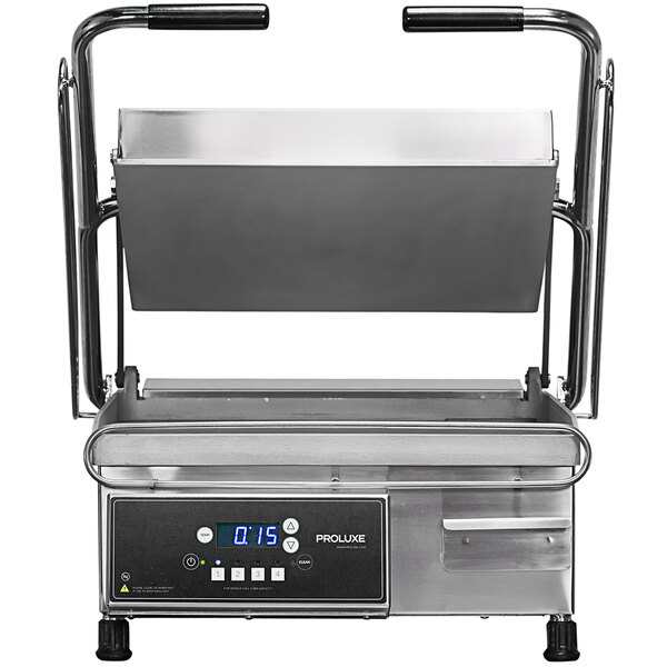 A Proluxe Vantage clamshell sandwich grill with smooth plates on a counter.