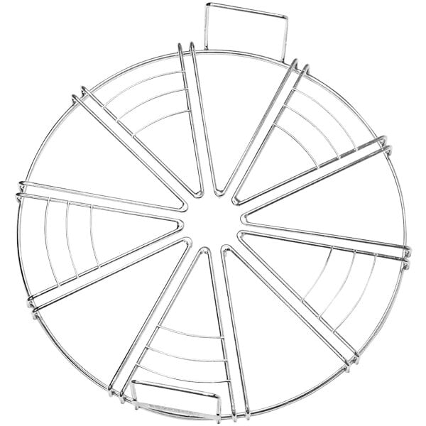 A white metal Proluxe Equaslice pizza cutting guide with six holes and four wheels.