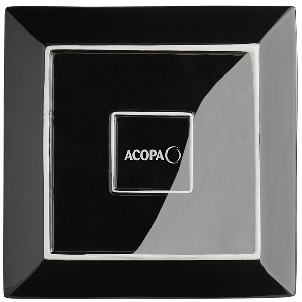 A black square Acopa stoneware plate with white text that says "Acopa"
