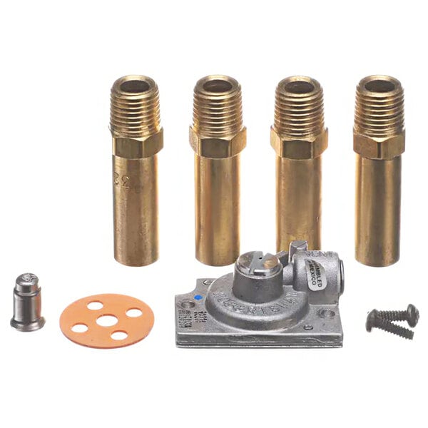 A brass valve, brass fittings, and a brass nut for converting a fryer to natural gas.