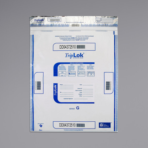 A clear plastic Controltek USA TripLok bank deposit bag with blue text.