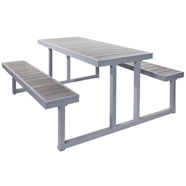 A BFM Seating aluminum picnic table with gray synthetic teak top and benches.