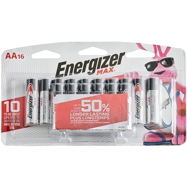 A package of 16 Energizer MAX AA batteries.