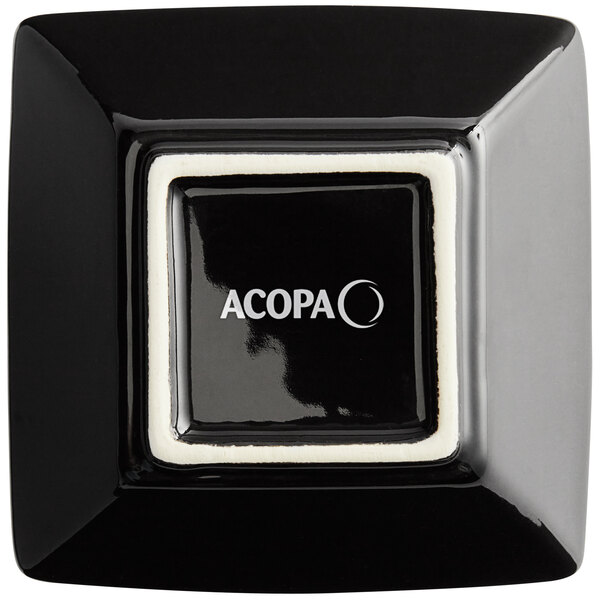 A black square stoneware bowl with white text that says "Acopa"
