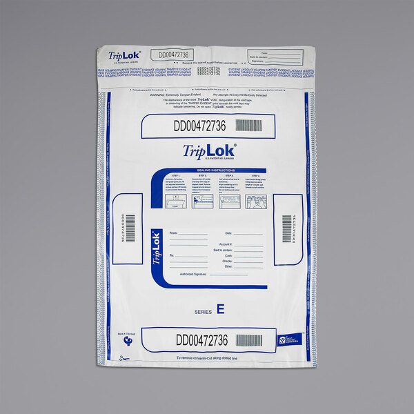 A package of white Controltek USA TripLok tamper-evident cash deposit bags with a blue label.