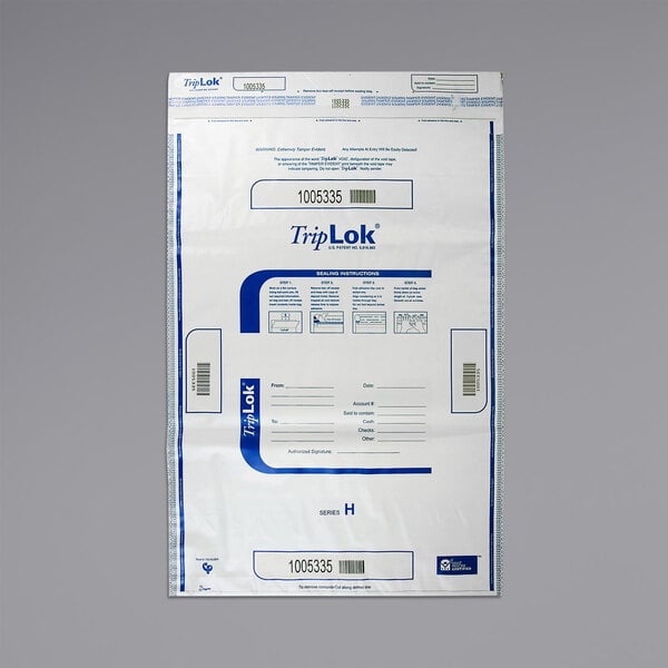 A white Controltek USA tamper-evident deposit bag with a blue label.