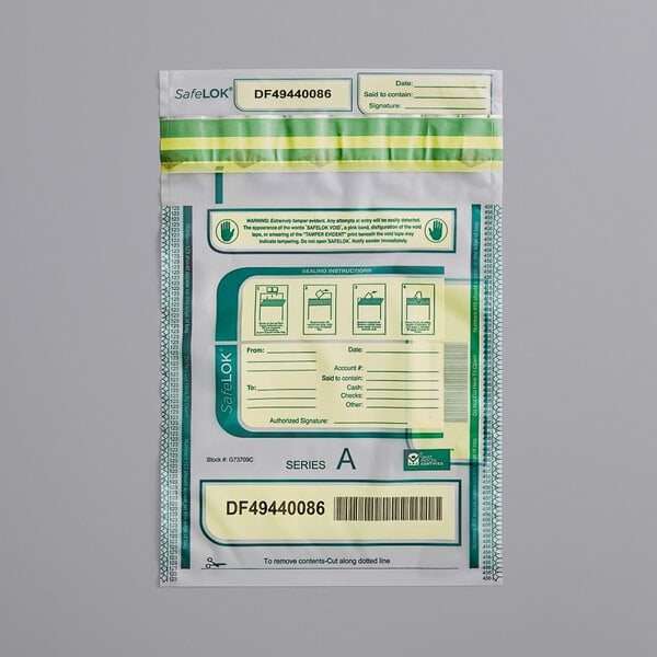 A clear plastic bag with a white and green SafeLok label.