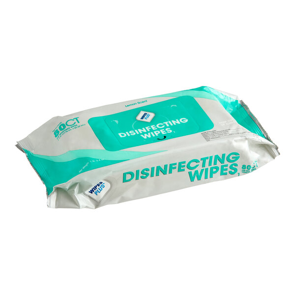 A package of WipesPlus 8" x 7" 80 count lemon scent alcohol-free single use surface disinfecting wipes.