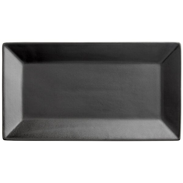 A black rectangular Acopa stoneware platter.