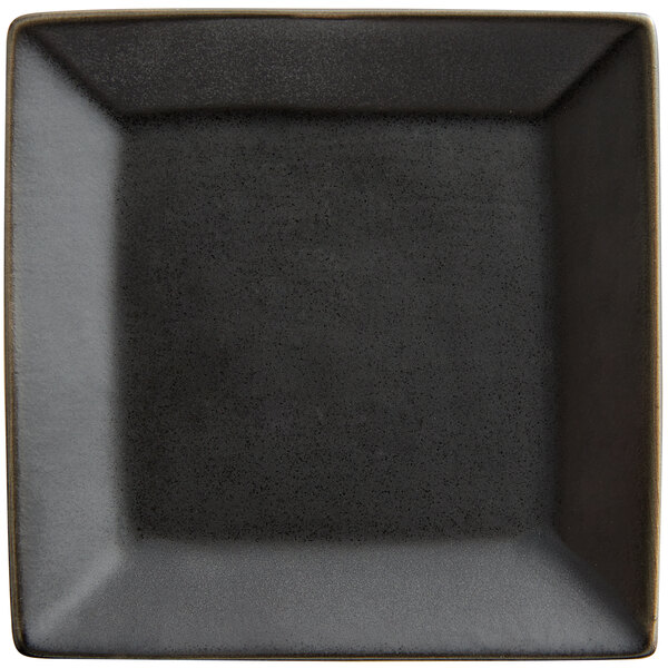 A black square Acopa stoneware plate with a dark gray rim.