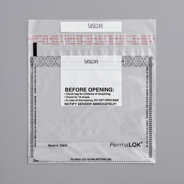 A clear plastic bag with a white label.
