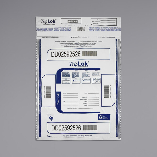 A close-up of a white and blue Controltek USA TripLok tamper-evident cash deposit bag package.