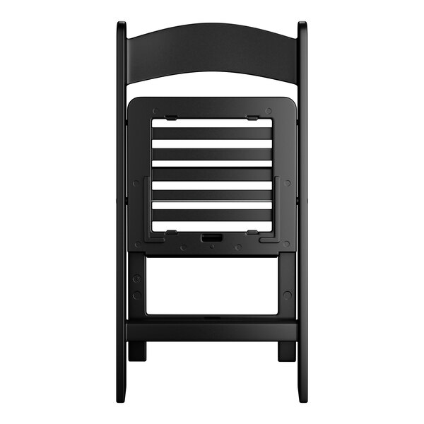 A black resin folding chair with a slatted seat.