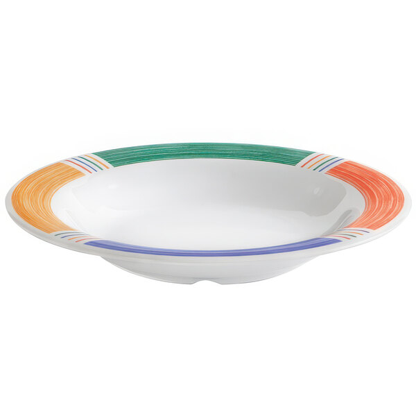 A white bowl with colorful diamond stripes on it.