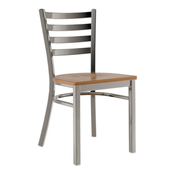 A Lancaster Table & Seating clear coat metal ladder back chair with a wood seat.