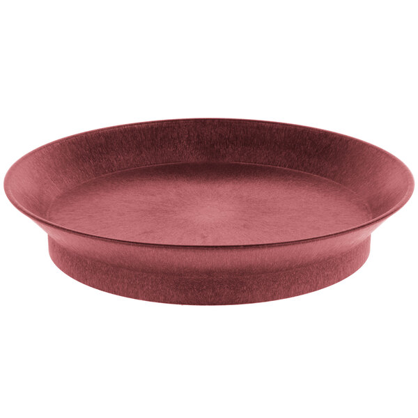 A red round polypropylene deli server with a rim.
