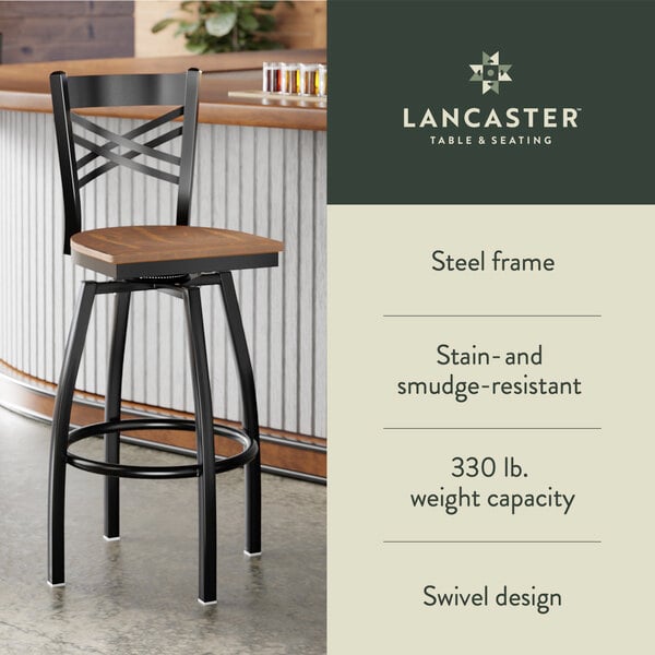 Graphic showing a vintage wood seat bar stool with black frame, capacity, and swivel features.