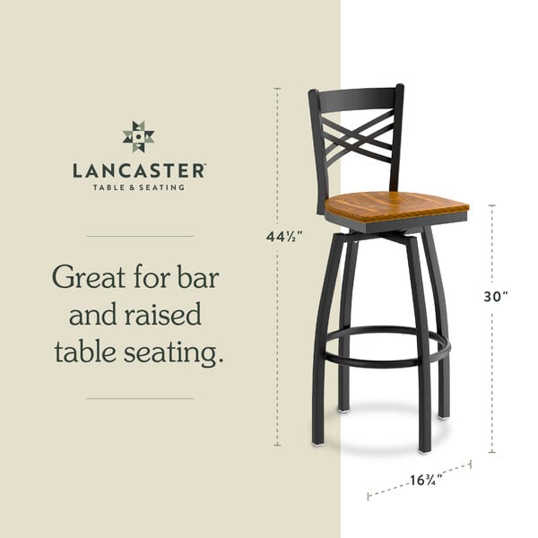 Graphic showing a vintage wood seat bar stool with dimensions for bar and raised table seating.