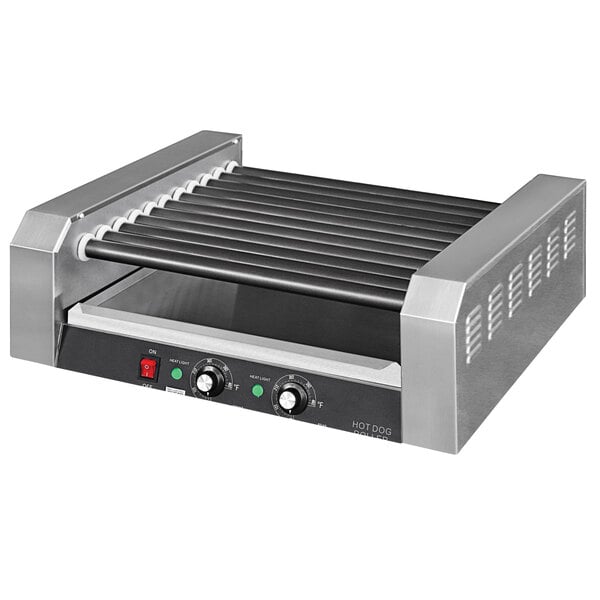 A Global Solutions by Nemco hot dog roller grill with black and silver sides and black tubes.