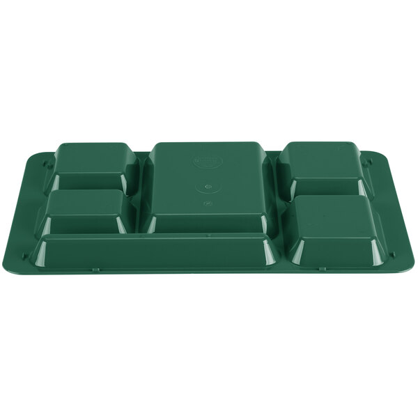 A green rectangular Cambro tray with 6 square compartments.