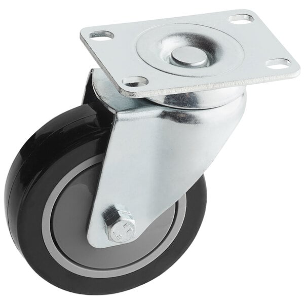 A close-up of a metal Lavex swivel plate caster with a black and silver wheel.