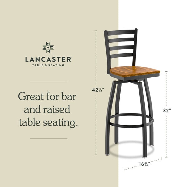 Graphic showing a ladder back bar stool with vintage wood seat and dimensions.