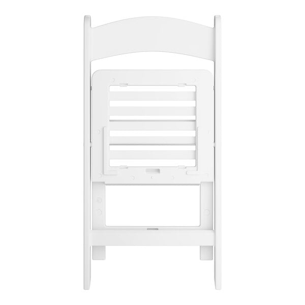 A white resin folding chair with a slatted seat.