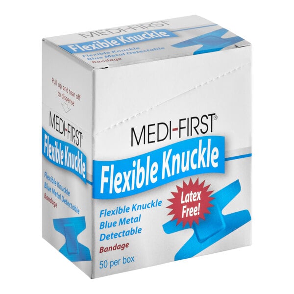A box of Medi-First flexible knuckle blue metal detectable bandages containing 50 latex-free adhesive bandages.