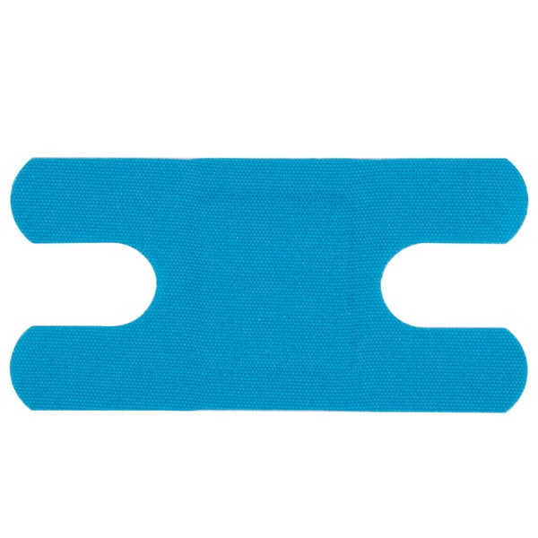 A blue woven adhesive knuckle bandage with white circles on it.