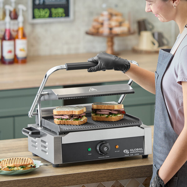 Global Solutions by Nemco GS1621 Panini / Sandwich Grill with Grooved Plates - 13" x 8 1/2" Cooking Surface - 120V, 1750W