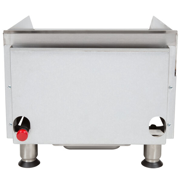 An APW Wyott countertop griddle with red handles.