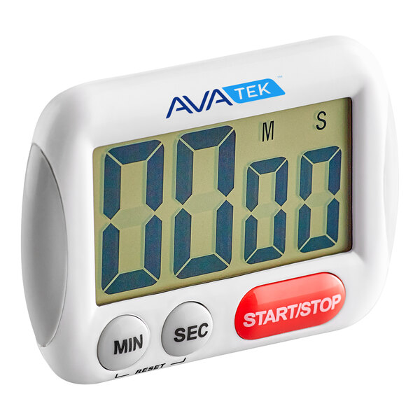 A white digital timer with red buttons.