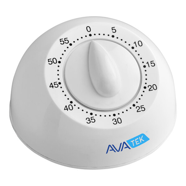 A white mechanical 60-minute kitchen timer with the AVA TEK logo.