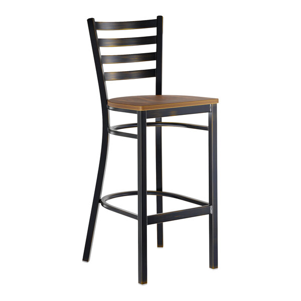 A metal ladder back bar stool with a distressed copper finish and a vintage wood seat.