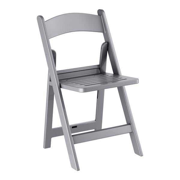A gray resin folding chair with a slatted seat and backrest.